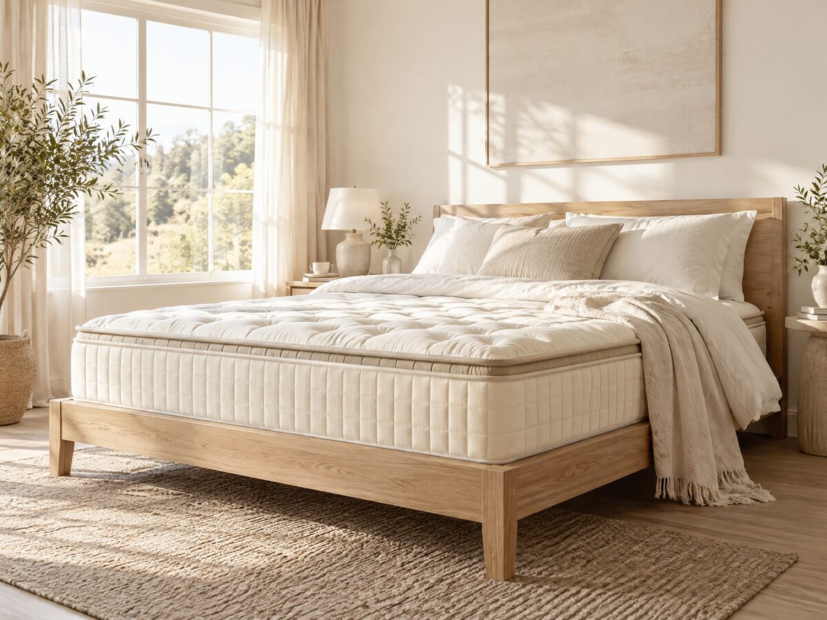 Eco Terra organic latex hybrid mattress on a light wood frame