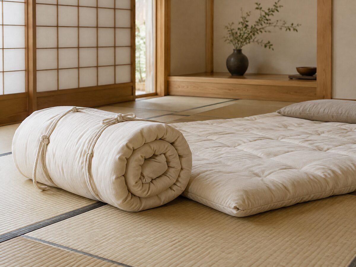 Organic cotton futon mattress rolled on a tatami floor