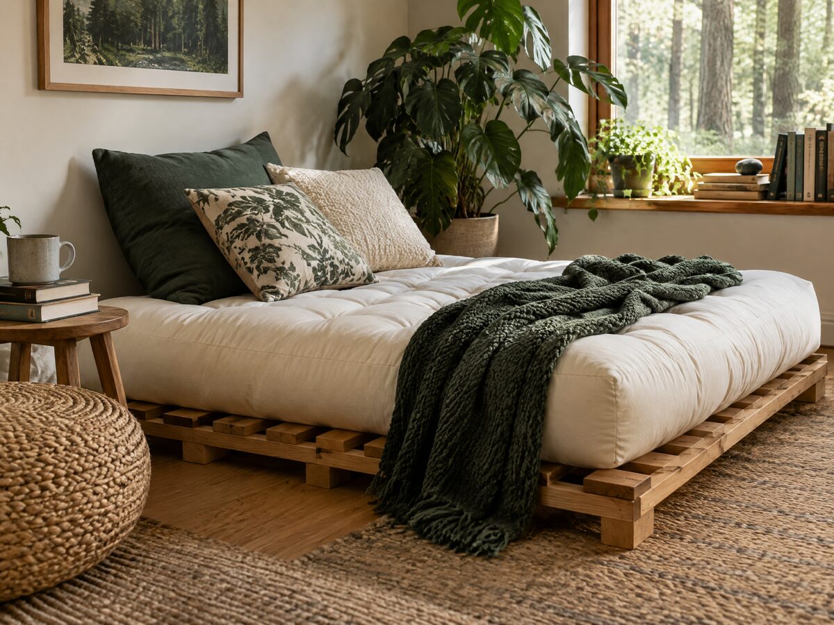 Natural latex futon on a low wooden slat frame
