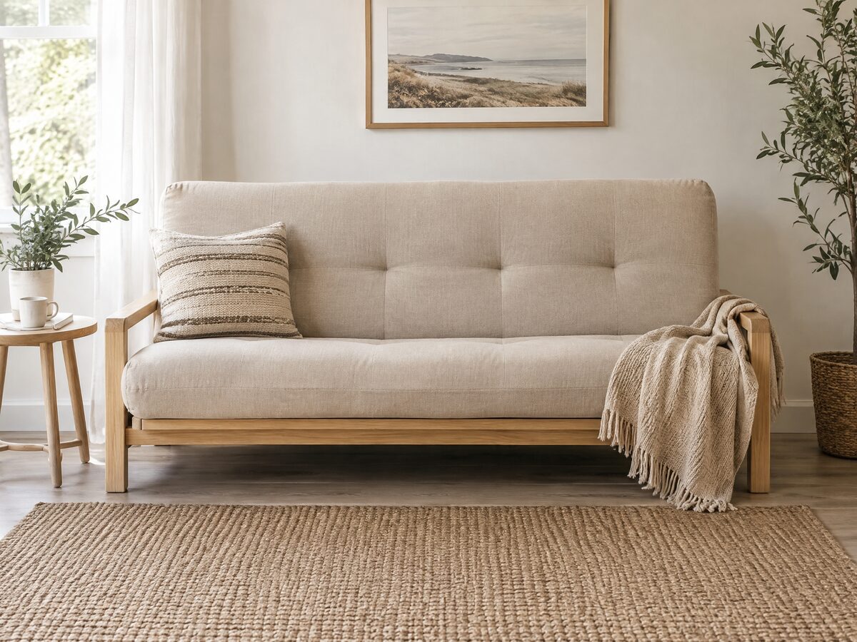 Convertible futon sofa bed in natural beige linen
